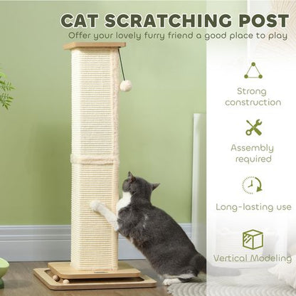 PawHut 87cm Cat Scratching Post 3 in 1 Cat Scratcher w/ Track Ball Toy