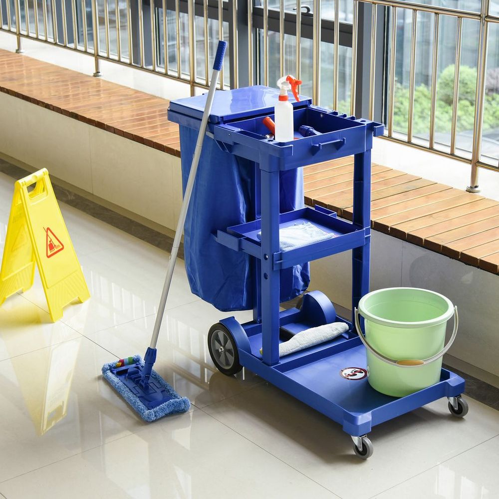 HOMCOM Cleaning Cart On Wheels, Housekeeping Trolley w/ 3 Tier Shelves, Blue