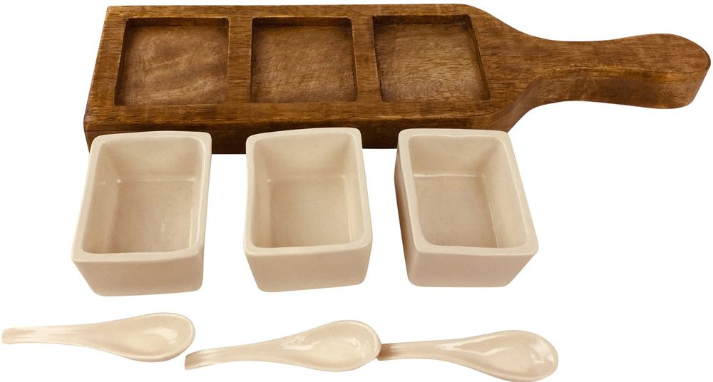 Handcrafted Wooden Tray Set: Dip Bowls & Spoons, Rustic Design - 36cm
