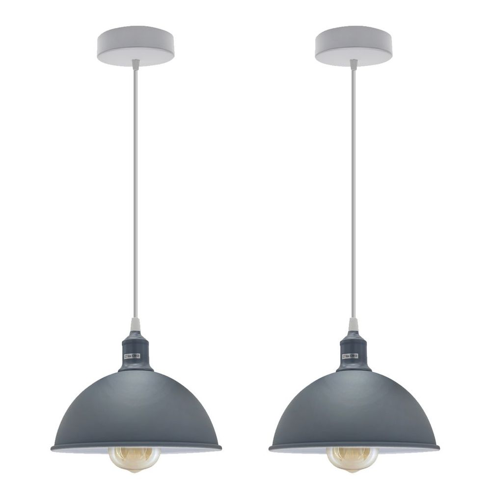 Grey Loft Style Metal Pendant Lights - 2 Pack, 21cm Dome Shaped Spray Finish, Inner White, Sturdy, E27 Bulb Socket