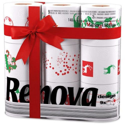 Renova 9 / 18 / 27 / 36 / 45 White Print 2 Ply Xmas Toilet Tissue Rolls