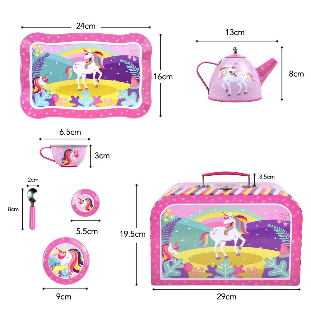 SOKA Unicorn Metal Tin Teapot Set with Carry Case Toy for Kids - 18 Pcs Illustrated Colourful Design Toy Tea Party Set for Boys and Girls Pretend Role Play