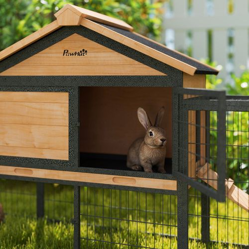 PawHut Rabbit Hutch Outdoor with Steel Run Removable Plastic Tray Natural
