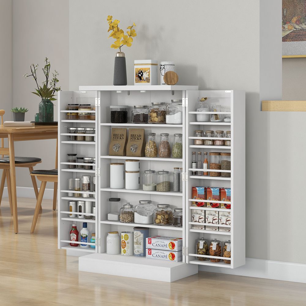 HOMCOM Kitchen Cupboard: Double Doors, 5-Tier Shelf, 12 Spice Racks, White