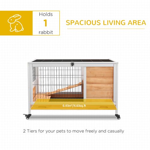 PawHut Wood Indoor Rabbit Hutch 2-Floor Design w/ Wheels, Yellow