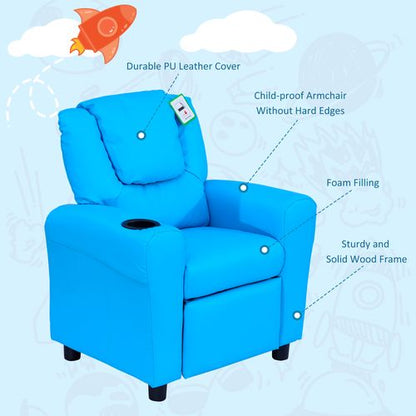 HOMCOM Kids Recliner, PU Leather Kids Armchair, Kids Chair, Toddler Armchair with Adjustable Backrest, Footrest, Padded Headrest, Cup Holder, Blue