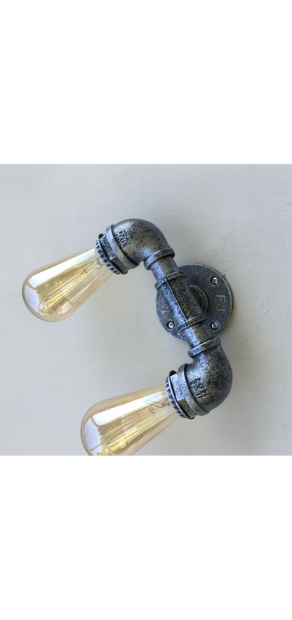 Vintage Brushed Copper Double Head Wall Light - Industrial Rustic Steampunk Metal Water Pipe