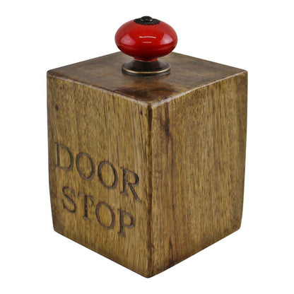 Mango Wood Doorstop with Red Ceramic Knob