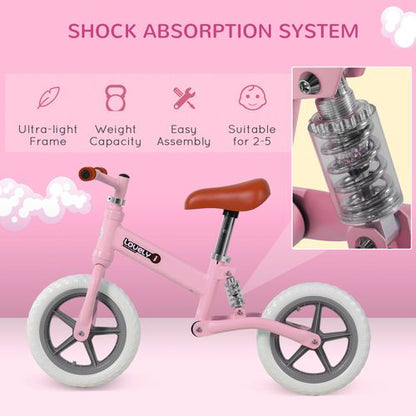 HOMCOM 12" Kids Balance Bike No Pedal Bicycle EVA Tire Adjustable Seat Toddler Training Bike W/Shock Absorber 2-5 Years Gift for Boys Girls Pink