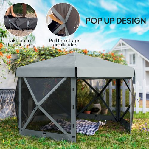 Outsunny 3 x 3(m) Hexagon Pop Up Gazebo with 5 Sides, Netting, Light Grey
