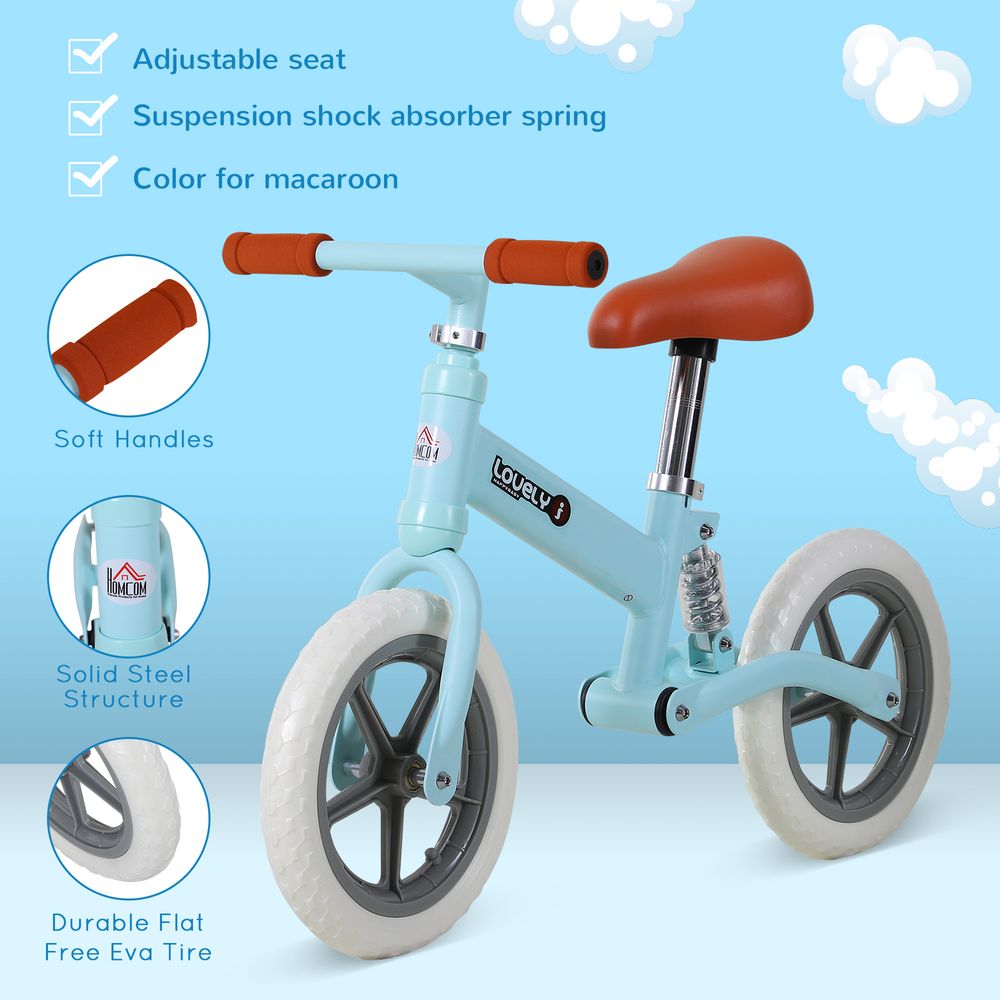 HOMCOM 12" Kids Balance Bike No Pedal Bicycle EVA Tire Adjustable Seat Toddler Training Bike W/Shock Absorber 2-5 Years Gift for Boys Girls Blue