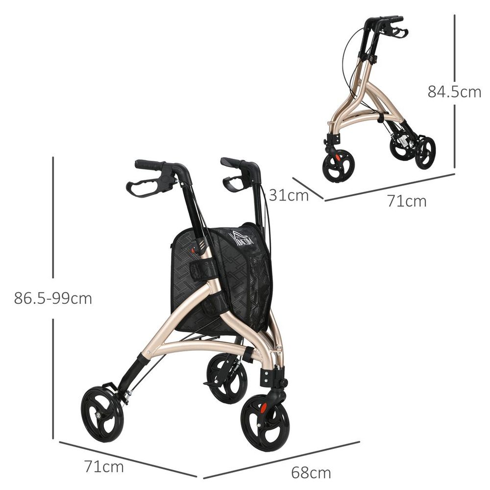 HOMCOM Lightweight Aluminium 3-Wheel Rollator with Adjustable Handle Storage Bag
