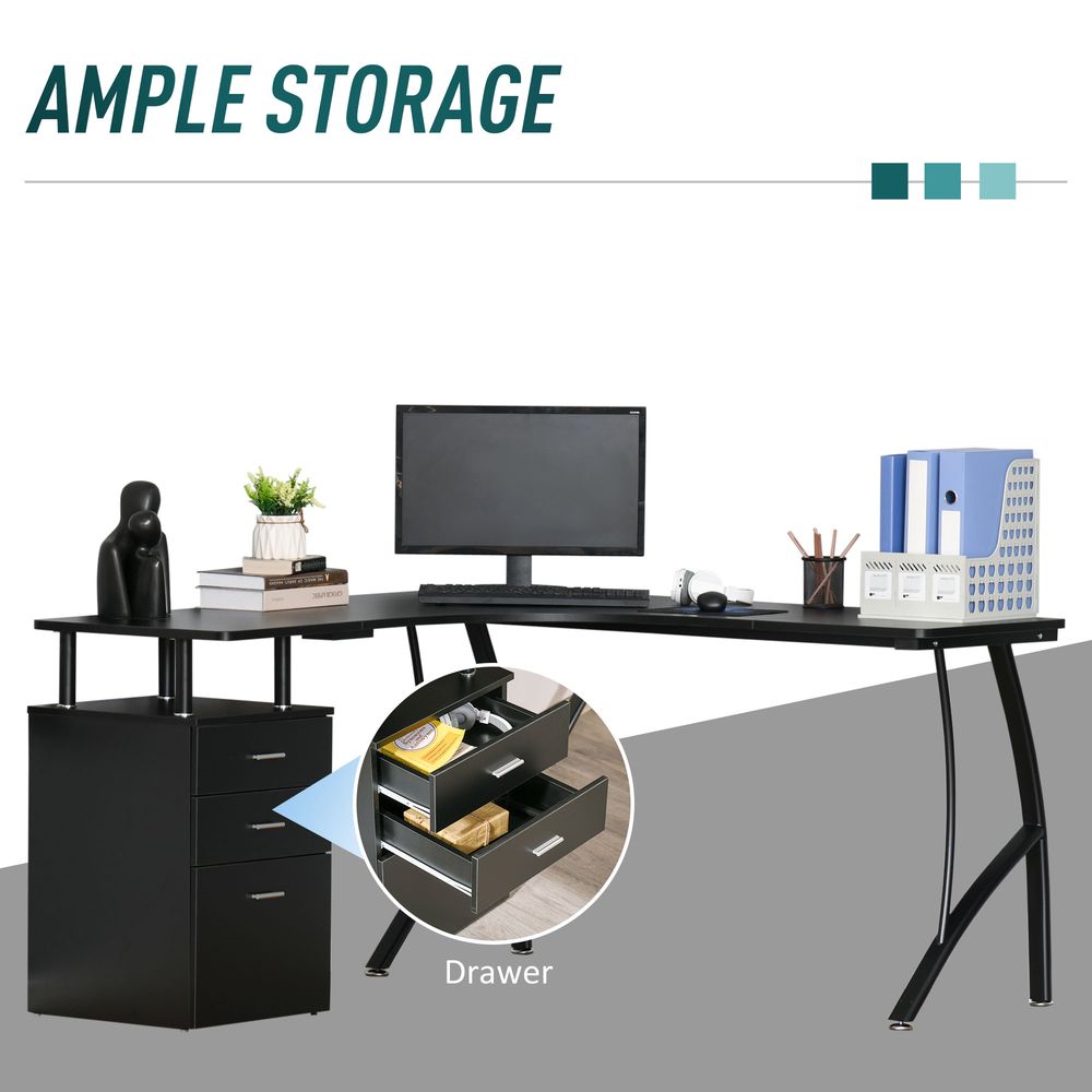 HOMCOM L-Shaped Computer Desk Table with Storage Drawer Home Office Corner Industrial Style Workstation for A4 Files 143.5 x 143.5 x 76cm, Black