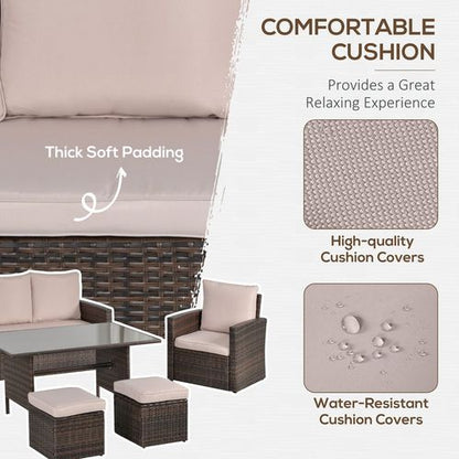 Outsunny 6 Pieces Outdoor PE Rattan Garden Furniture Set with Three-seat, Armchairs and Footstools, Patio Wicker Dining Sets w/Glass Top Dining Table, Soft Cushion, Mixed Brown