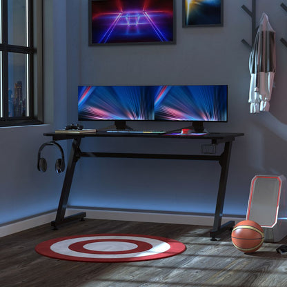 HOMCOM Gaming Desk Steel Frame with Cup Holder, Headphone Hook, Adjustable Feet and Cable Organiser, Home Office Computer Table, Black, Modern, 120 x 65 cm