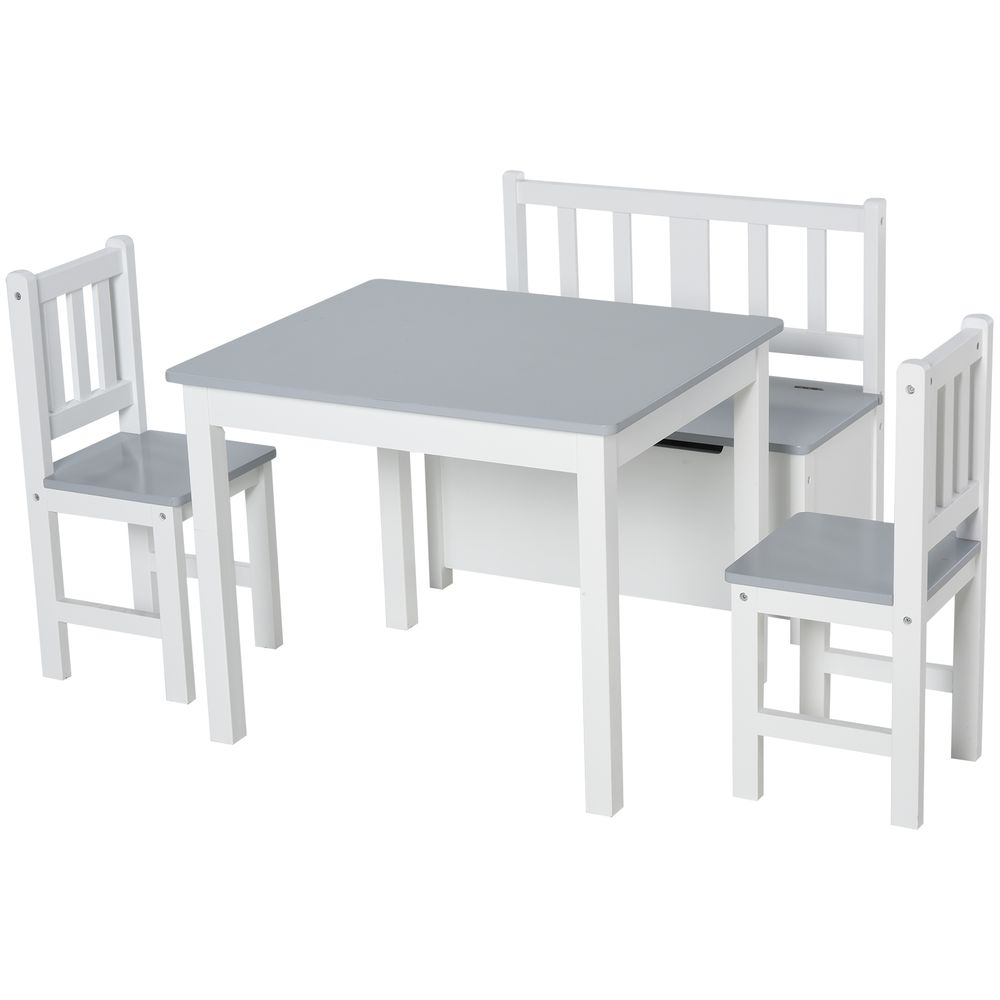 HOMCOM 4-Piece Kids Table and Chair Set with 2 Wooden Chairs, 1 Storage Bench, and Interesting Modern Design, Grey/White