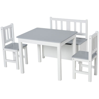 HOMCOM 4-Piece Kids Table and Chair Set with 2 Wooden Chairs, 1 Storage Bench, and Interesting Modern Design, Grey/White
