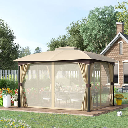 Premium 4x3m Patio Gazebo with Double Tier Roof, Removable Net - Khaki