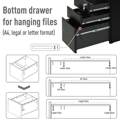 3 Draw Metal Filing Cabinet Lockable 4 Wheel Compact Under Desk Black Vinsetto
