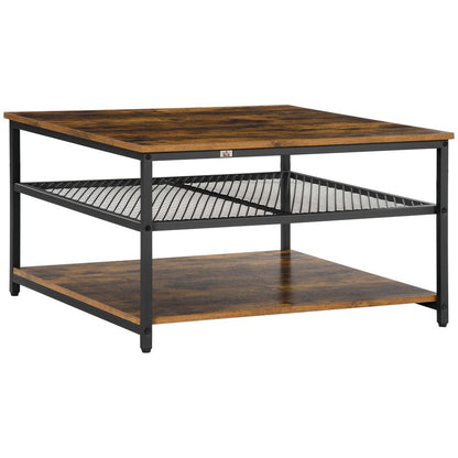 HOMCOM Coffee Table, Living Room Table with 3-Tier Storage Shelves, Square Tea Table for Home Office, Rustic Brown