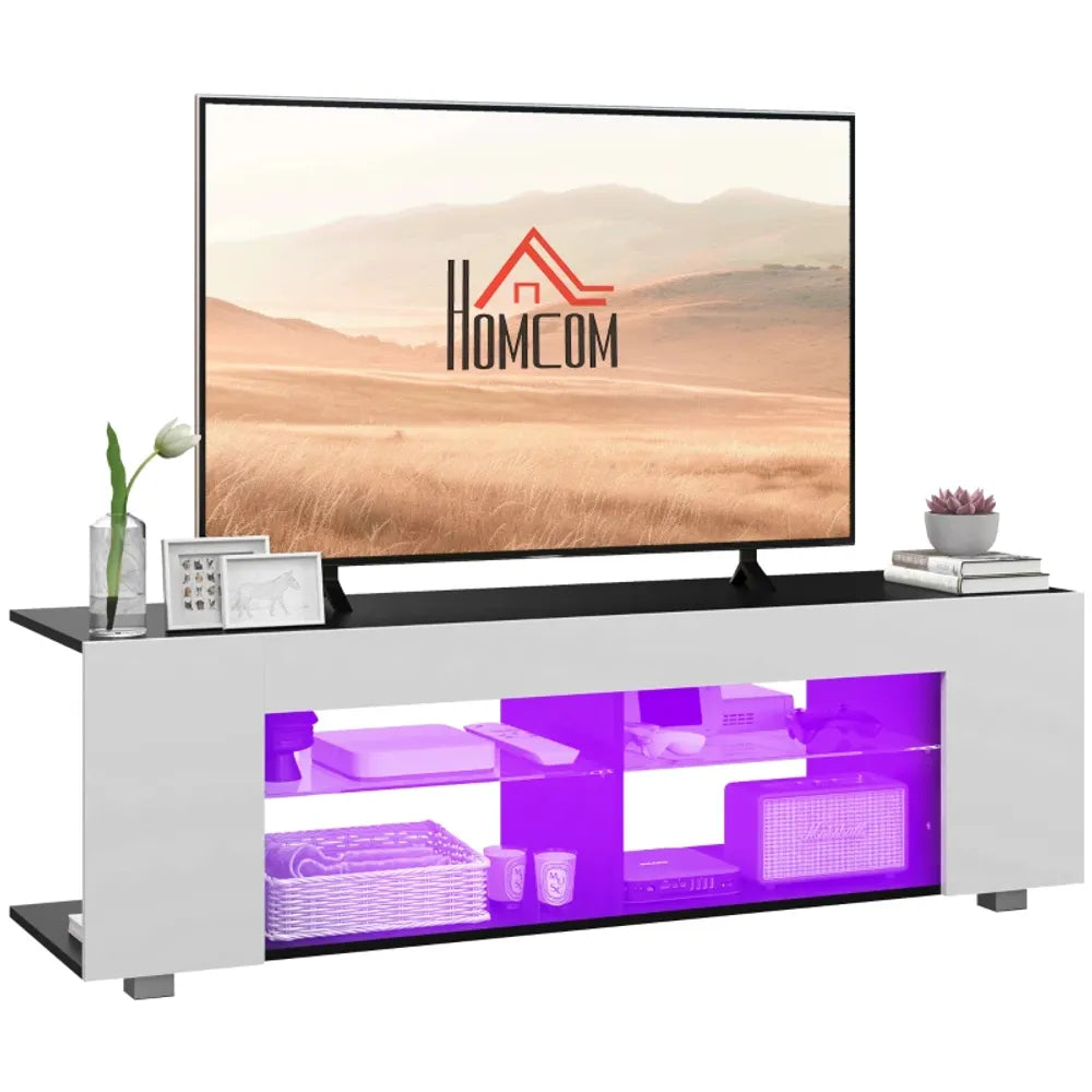 HOMCOM TV Stand 145cm TV Unit with Glass Shelves RGB LED Light for 60"TV White