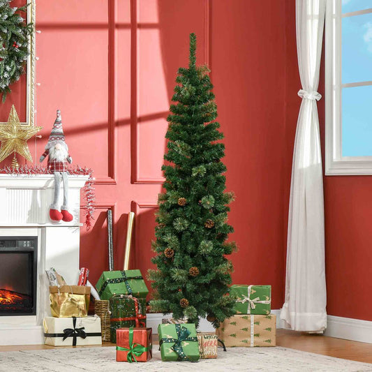 5.5FT Artificial Slim Christmas Tree Holiday Home Decor with Pine Cones Homcom