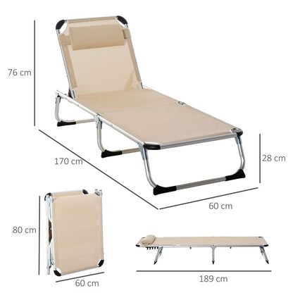 Foldable Reclining Sun Lounger Lounge Chair Camping Bed Cot with Pillow