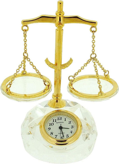 Stunning Gold Plated Miniature Clock - Crystal Balance Scales - Clearance Sale!