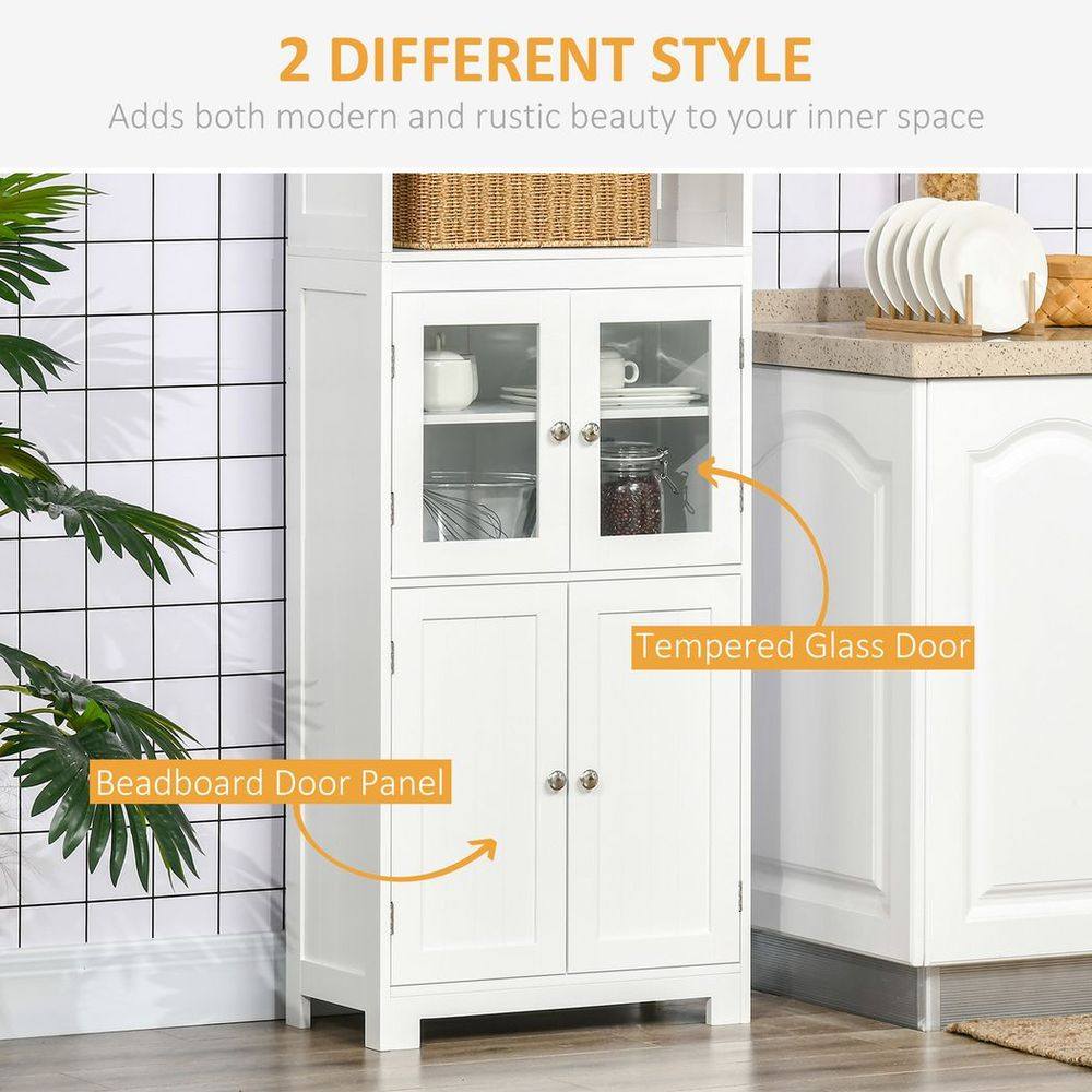 Homcom Kitchen Cupboard Storage Cabinet Adjustable Shelves, Glass Doors, White