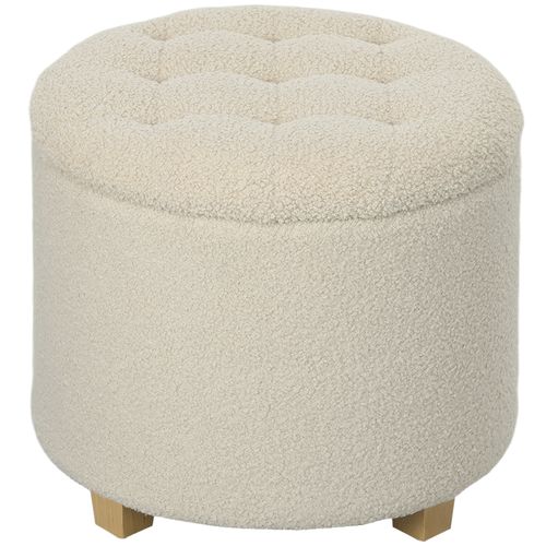 HOMCOM 45cm Round Ottoman with Storage, Lid, Cashmere Footstool, Cream White