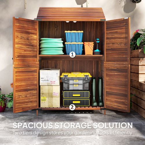 Outsunny Wooden Garden Storage Shed w/Double Doors and Shelves, Mixed-Brown