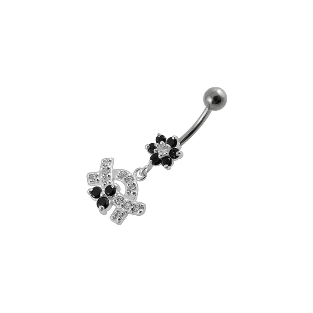 Jeweled Curve With Flower Silver Dangling Banana Bar Navel Belly Ring