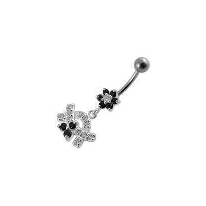 Jeweled Curve With Flower Silver Dangling Banana Bar Navel Belly Ring