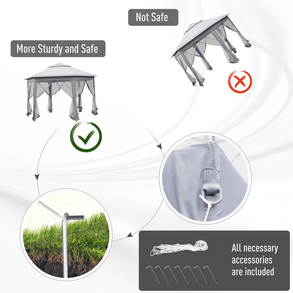 Hexagon Pop Up Gazebo Double Roof Netting, 4m x 4m, Grey w/ Mesh, 4x4m