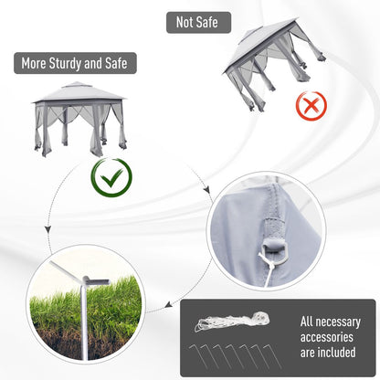 Hexagon Pop Up Gazebo Double Roof Netting, 4m x 4m, Grey w/ Mesh, 4x4m