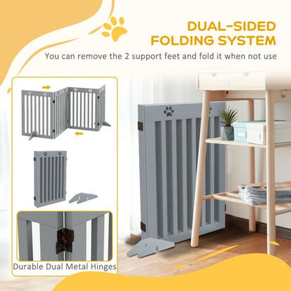 PawHut Pet Gate Foldable Fence Freestanding Dog Barrier w/ Support Feet Grey