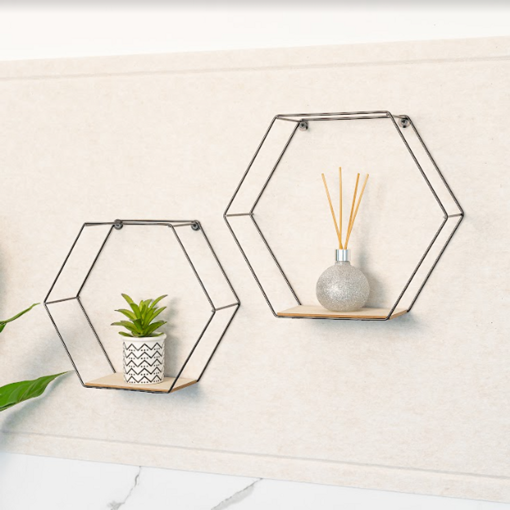 Premium Hexagonal Wall Shelves - Set of 2 | High-Quality | Modern Home Decor