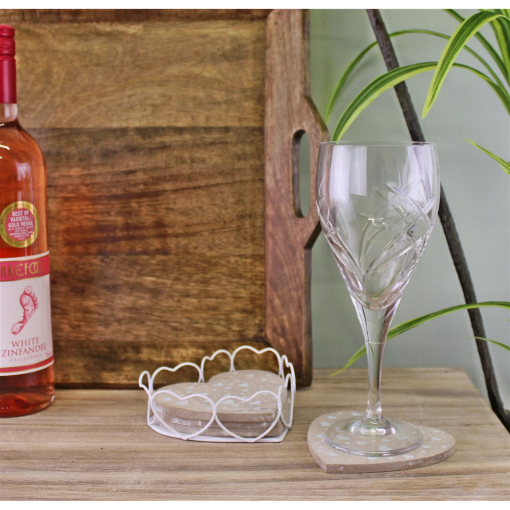Premium Heart Shaped Coasters Set in Wire Holder - Set of 4 - MDF with Veneer