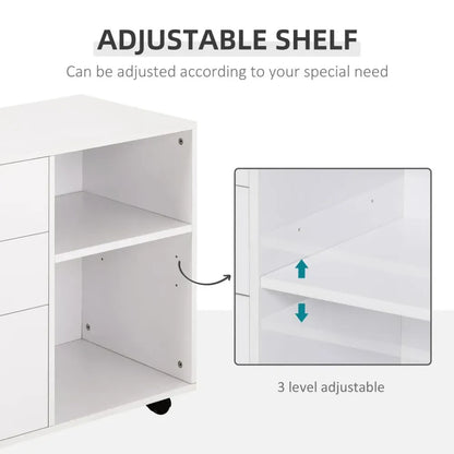Premium 3-Drawer Storage Cabinet | Office & Home | Freestanding | 2 Shelves | 4 Wheels | White