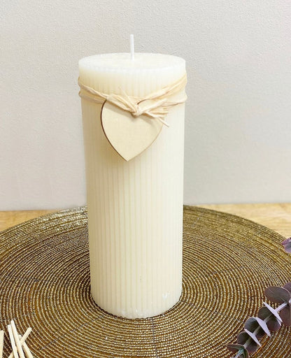 Premium Cream Ridged Pillar Candle - Heart Décor, Large Size