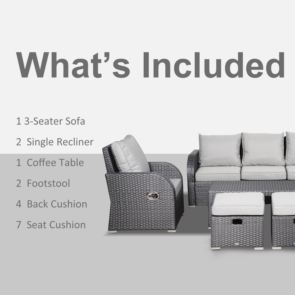 7-Seater Outdoor Garden Rattan Furniture Set w/ Recliners Grey