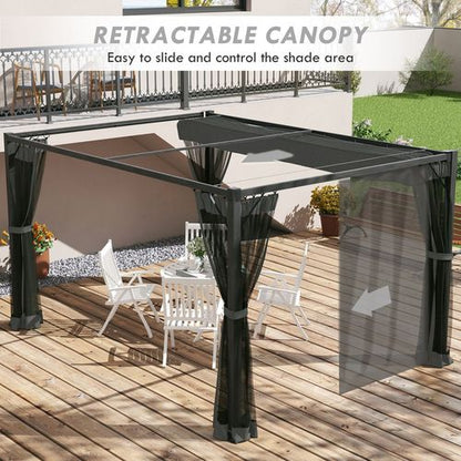 Outsunny 3 x 4m Pergola with Retractable Roof and Netting, Dark Grey
