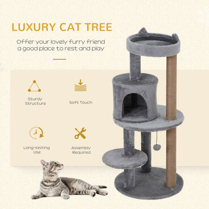 PawHut 104 cm Cat Tree, Cat Condo Tree Tower, Cat Activity Centre with Scratching Posts, Plush Perch, Hanging Ball - Grey