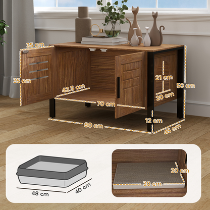 PawHut Cat Litter Box Enclosure w/ Tall Legs, Scratching Board, Dark Brown