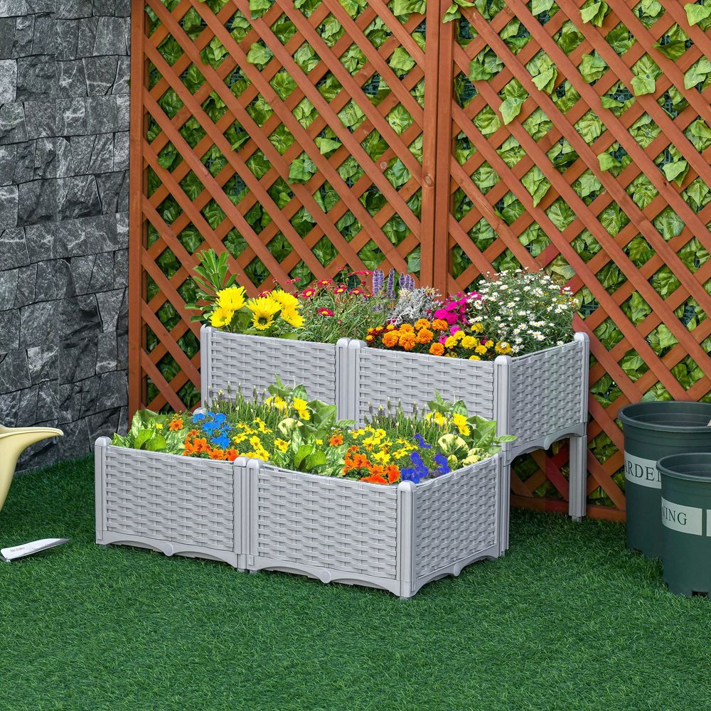 Outsunny 4-Tier Rattan Garden Planter - Brown & Grey, Raised Design, Durable Plastic, Easy Setup