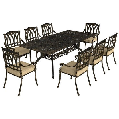Outsunny 9 Pieces Cast Aluminium Garden Dining Set with Parasol Hole, Bronze