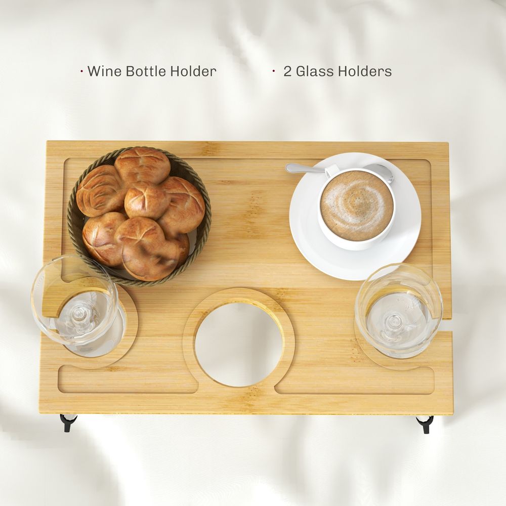 HOMCOM Foldable Wine/Table, Bamboo Picnic/Outdoor Table with Bottle/Glass Holder