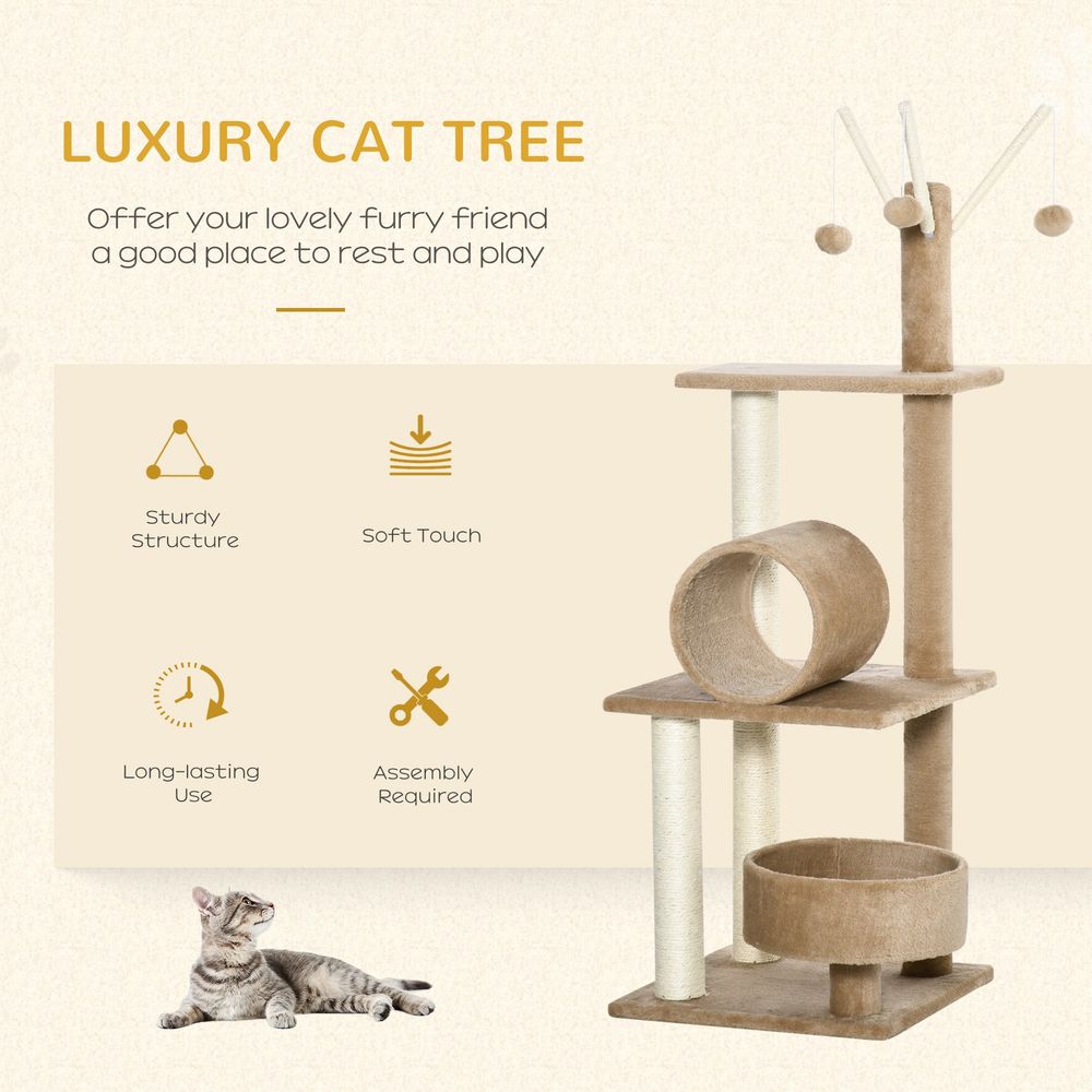 PawHut Cat Tree for Indoor Cats 121cm Kitten Tower Sisal Scratching Post Pet Activity Center Perch Condo Hanging Ball Grey