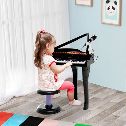 37 Key Mini Piano Keyboard w/ Microphone & Stool | Black | Safe & Durable | Interactive | Connects to MP3 & USB | Ages 3-6