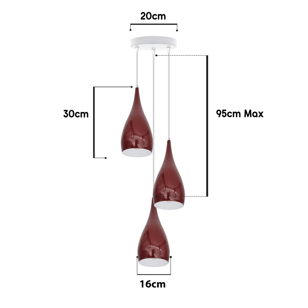 3 Head Modern Industrial Metal E27 Burgundy Teardrop Pendant Light Hanging Light Fixture